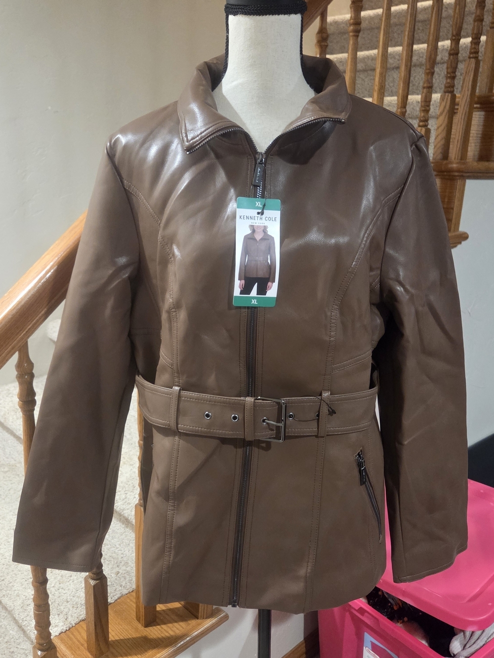 Kenneth Cole Brown Belted Faux Leather Jacket
